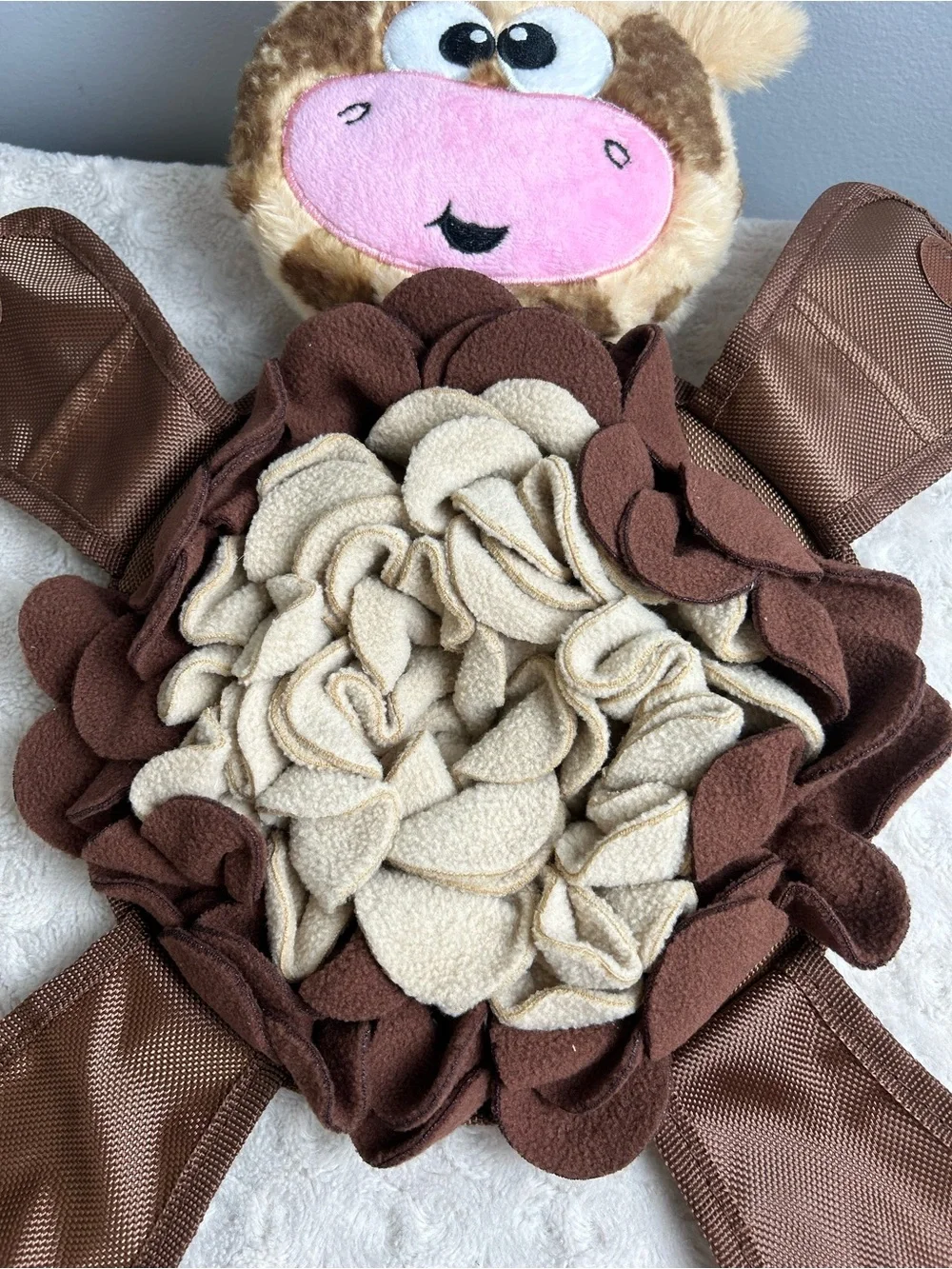 Outward Hound Snuffle Palz Cow Plush Stuffed Puzzle Dog Toy Brown Tan